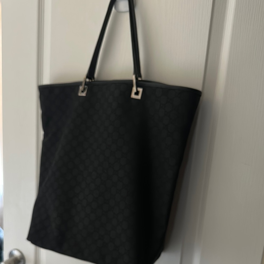 GUCCI GG black Monogram nylon/leather silver large Tote 12x16 inches Authentic